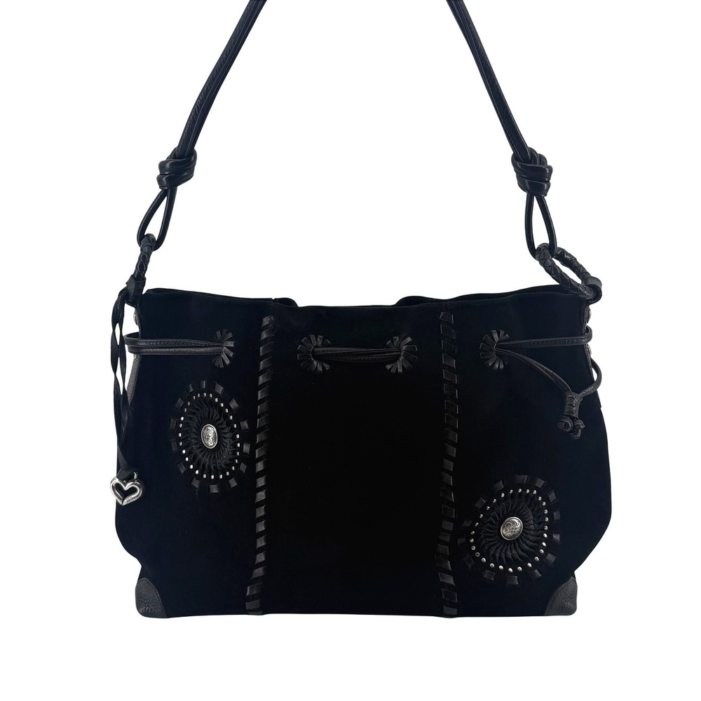 Brighton Black Suede Leather Whipstitch Shoulder Bag Medallion Drawstring Boho